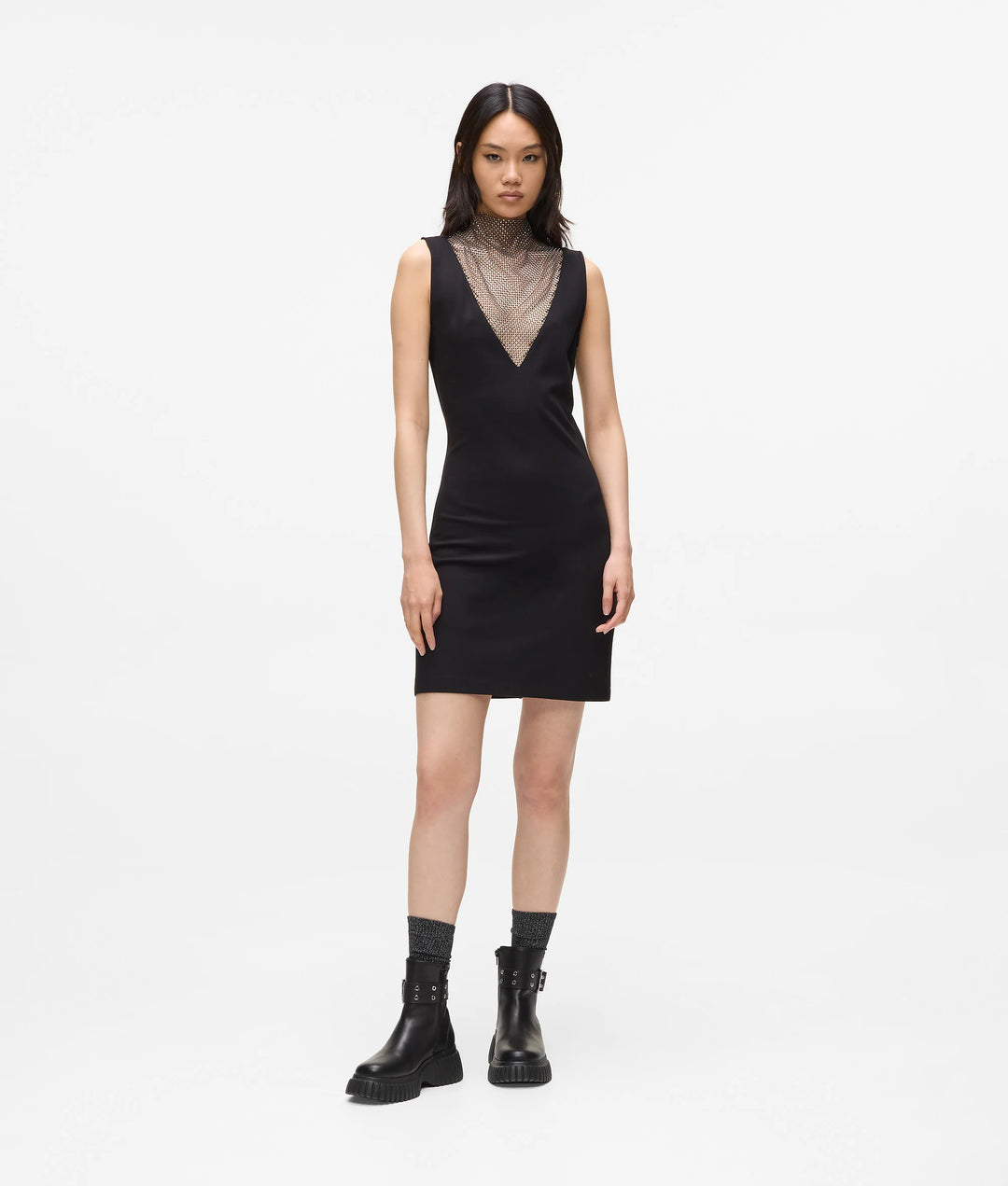 Karl Lagerfeld V-Neck Rhinestone Mesh Dress | Black