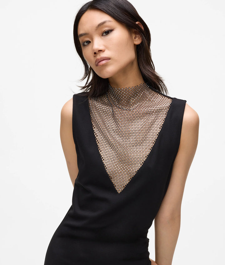 Karl Lagerfeld V-Neck Rhinestone Mesh Dress | Black