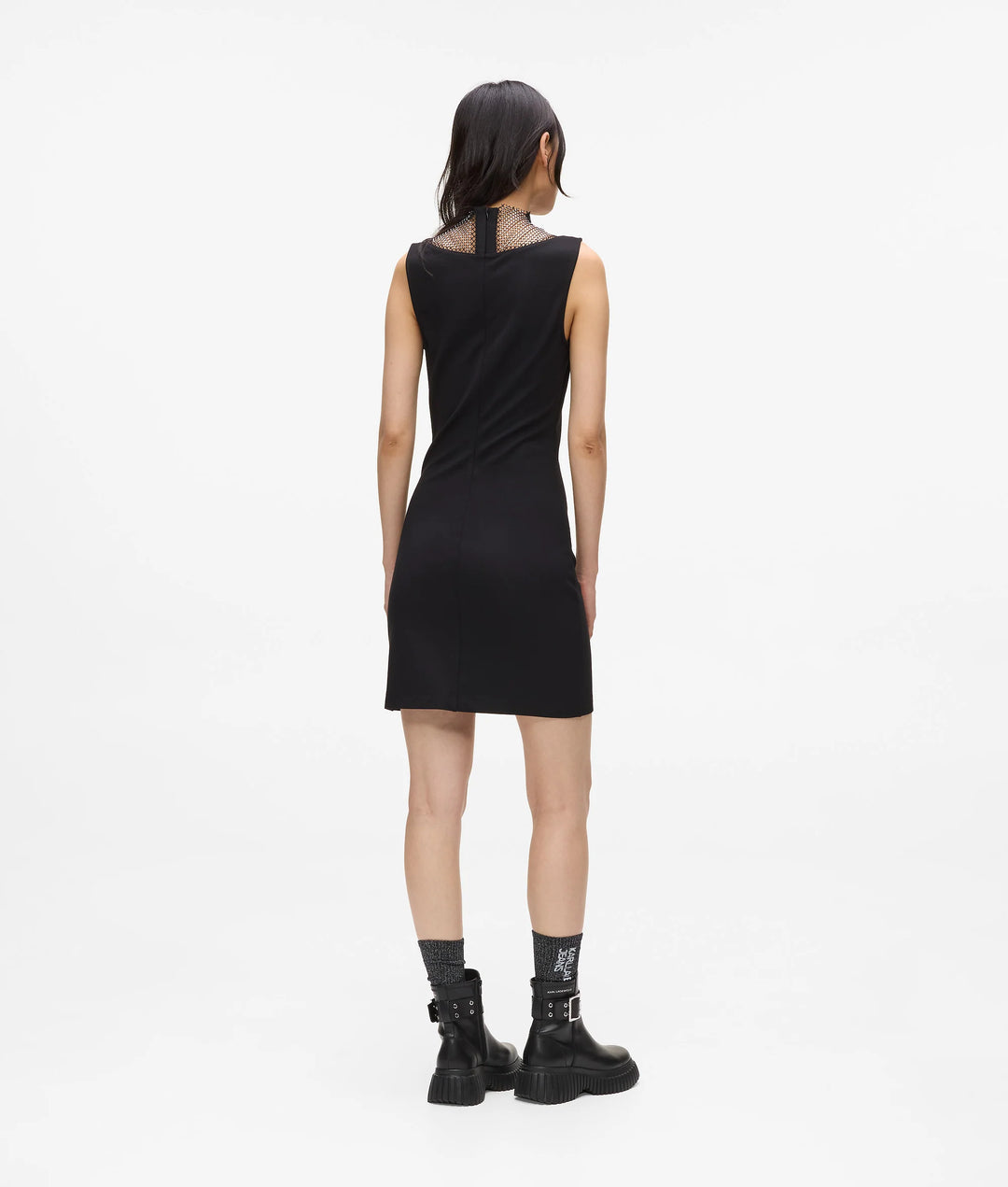 Karl Lagerfeld V-Neck Rhinestone Mesh Dress | Black