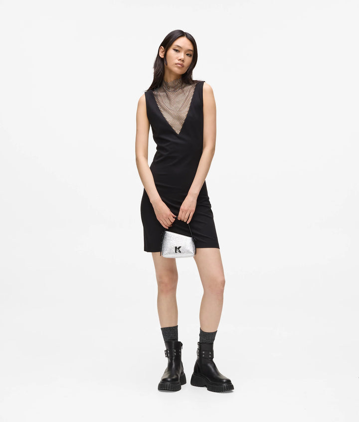 Karl Lagerfeld V-Neck Rhinestone Mesh Dress | Black