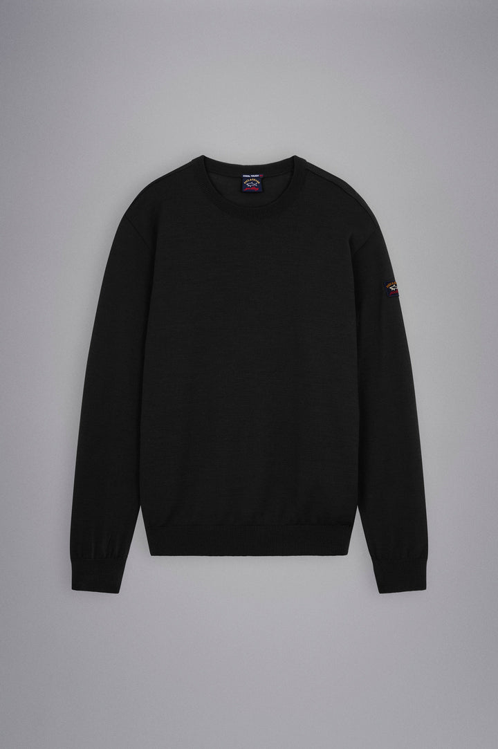 Paul & Shark Merino Wool Crewneck Pullover with Iconic Badge | Black