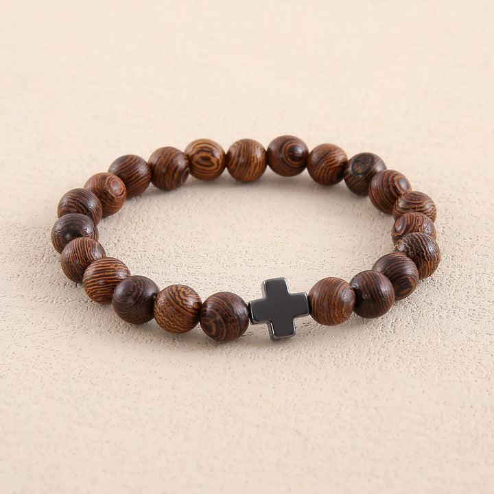 Never Needy Cross Natural Stone Bracelet | Wood Grain