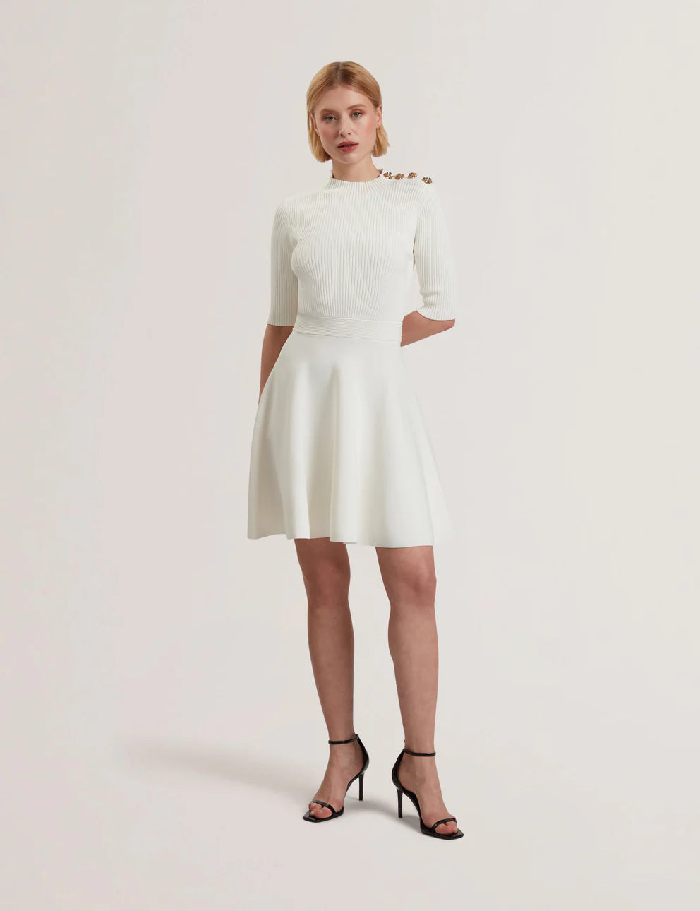 Ted Baker Lilano Ribbed Knit Button Detail Skater Dress | Ivory