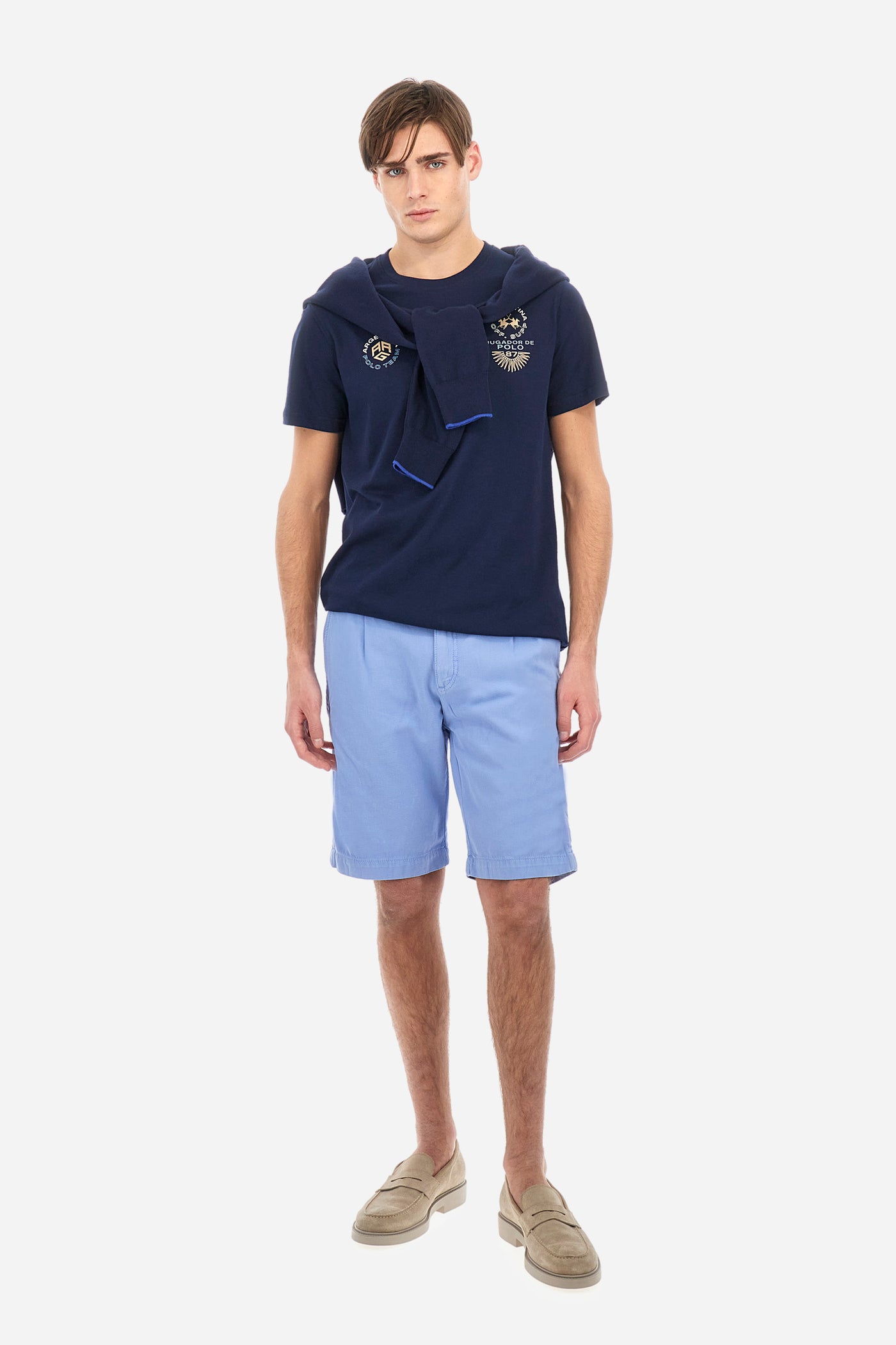 La Martina Regular Fit Bermuda Shorts in Cotton and Linen Canvas – Vics | Light Blue