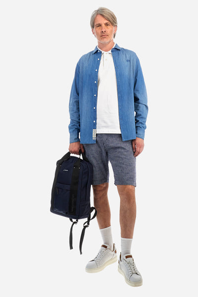 La Martina Regular Fit Bermuda Shorts in Cotton and Linen Canvas – Adail | Navy/White