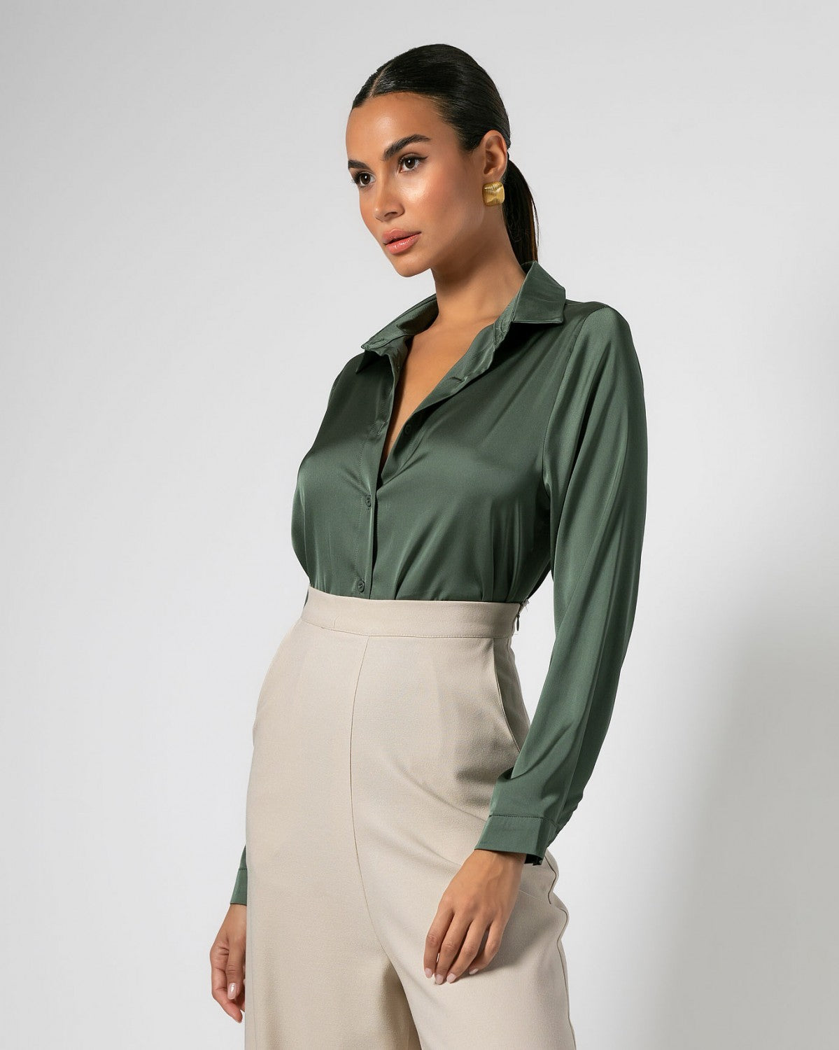 Never Needy Satin Shirt | Khaki