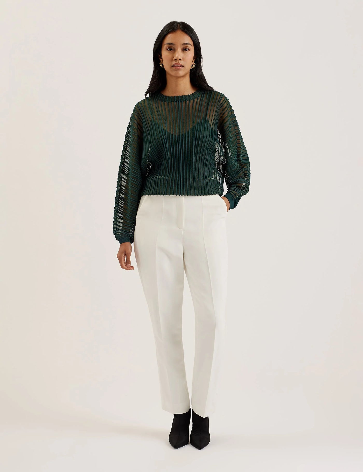 Ted Baker Nellay Sheer Textured Stripe Barrel Sleeve Jumper | Dark Green