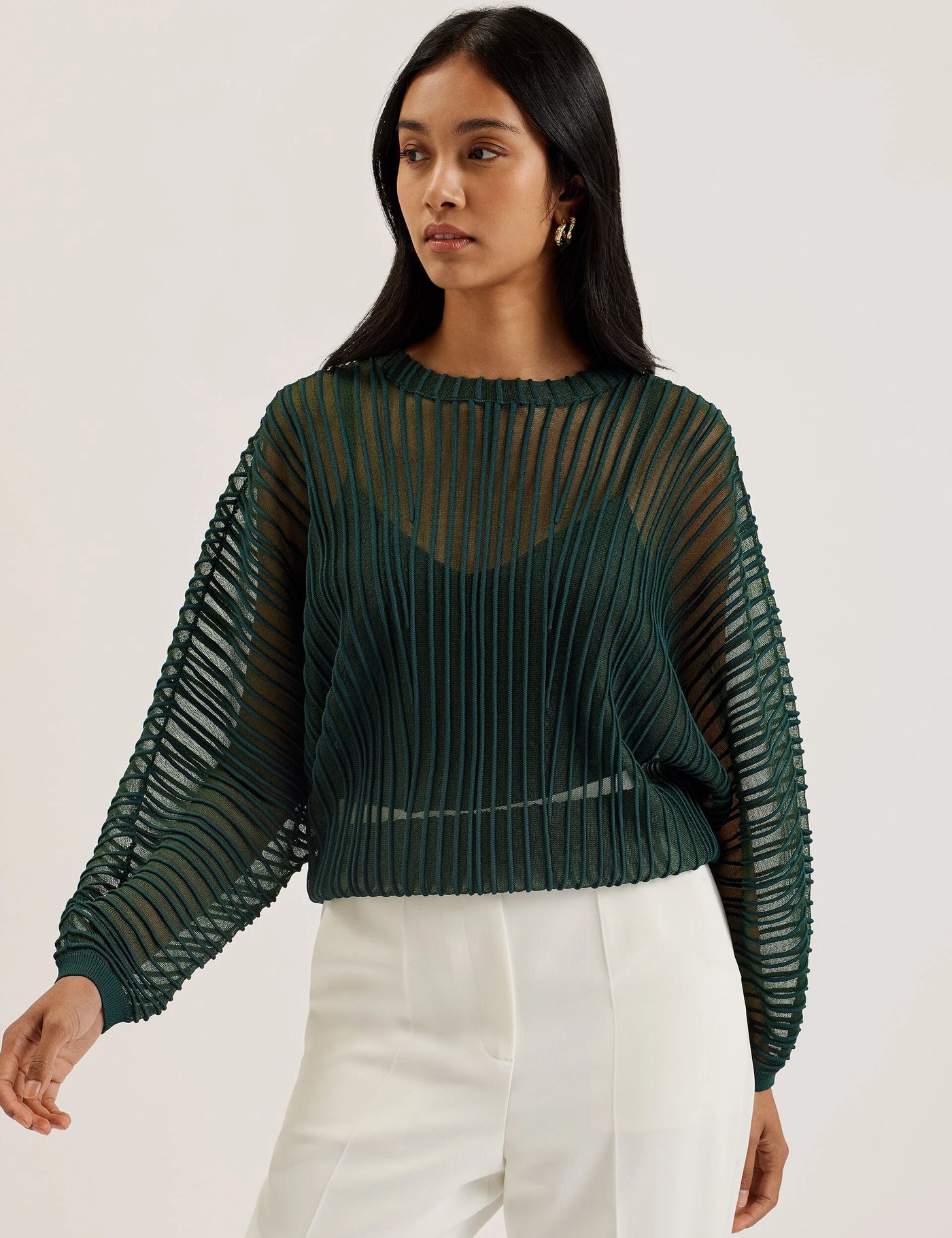 Ted Baker Nellay Sheer Textured Stripe Barrel Sleeve Jumper | Dark Green