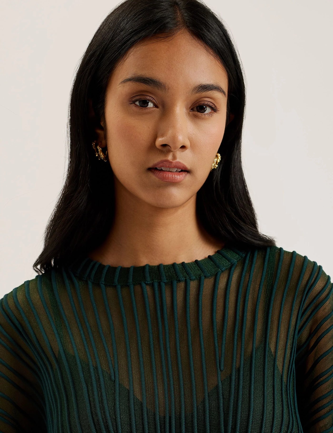 Ted Baker Nellay Sheer Textured Stripe Barrel Sleeve Jumper | Dark Green