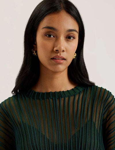 Ted Baker Nellay Sheer Textured Stripe Barrel Sleeve Jumper | Dark Green