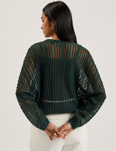 Ted Baker Nellay Sheer Textured Stripe Barrel Sleeve Jumper | Dark Green