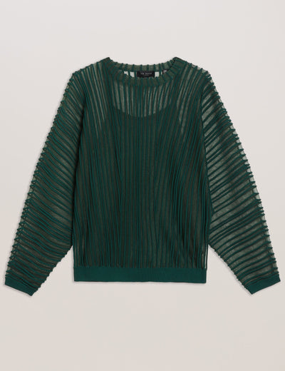 Ted Baker Nellay Sheer Textured Stripe Barrel Sleeve Jumper | Dark Green