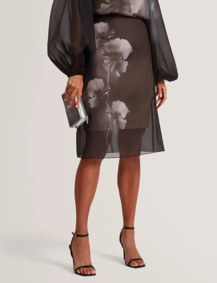 Ted Baker Vieva Printed Organza Overlay Midi Skirt | Black