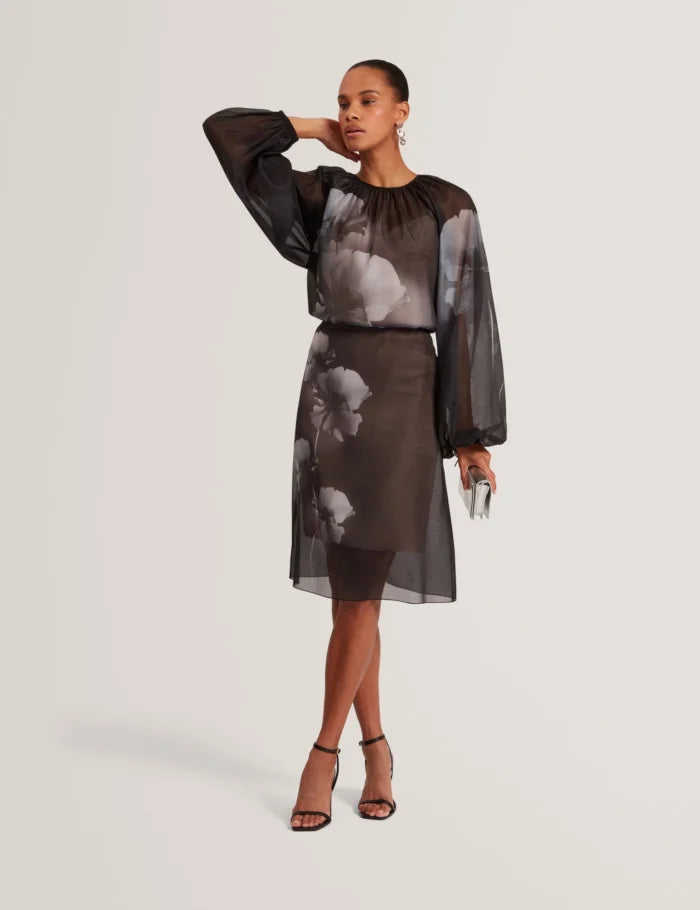 Ted Baker Vieva Printed Organza Overlay Midi Skirt | Black
