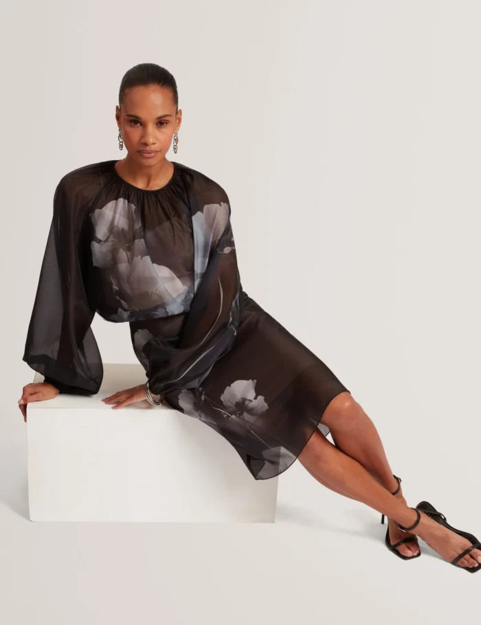 Ted Baker Vieva Printed Organza Overlay Midi Skirt | Black