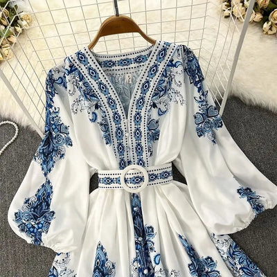 Never Needy V Neck Regular Dress | Blue/White