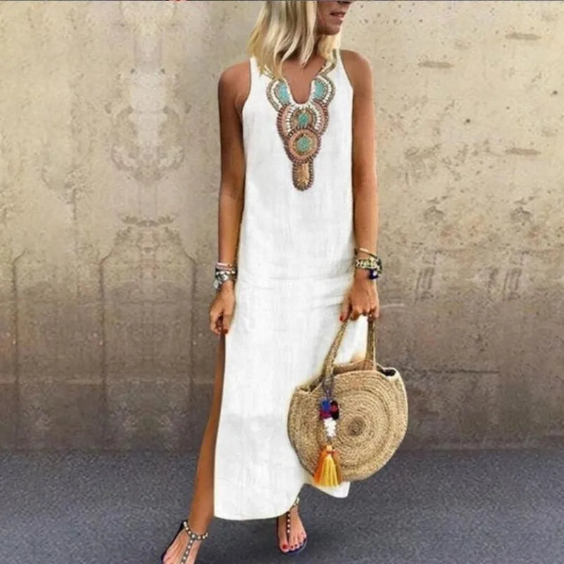 Never Needy Geometric V Neck Dress | White
