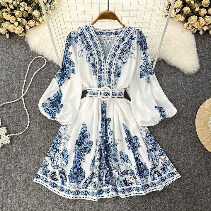 Never Needy V Neck Regular Dress | Blue/White