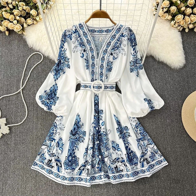 Never Needy V Neck Regular Dress | Blue/White