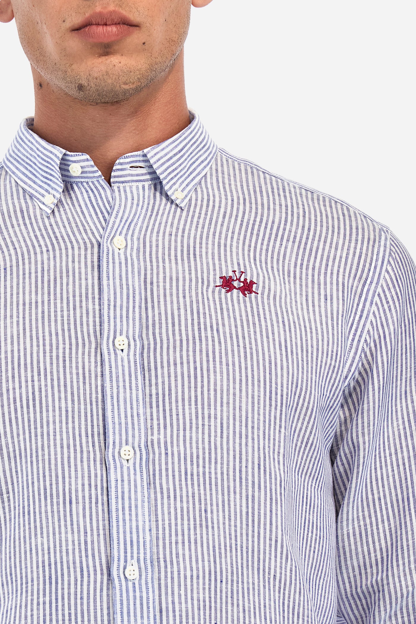 La Martina Linen Shirt with a Striped Print-Rodolfo | Blue/White