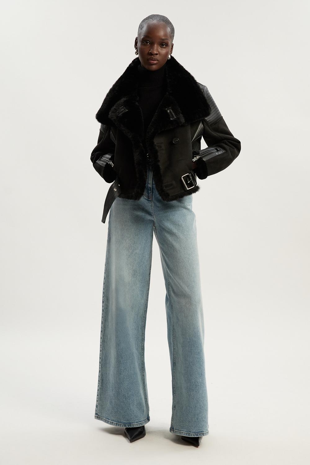 Karen Millen Faux Shearling Crop Biker Coat | Black