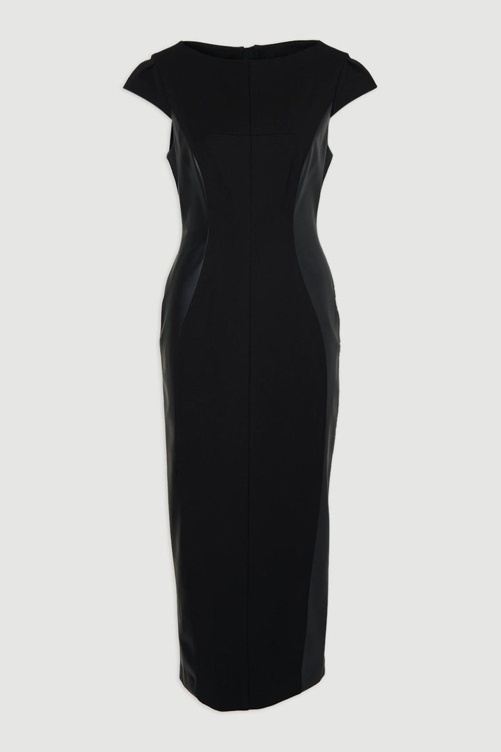 Karen Millen Ponte And Pu Mix Short Sleeve Tailored Pencil Midi Dress | Black