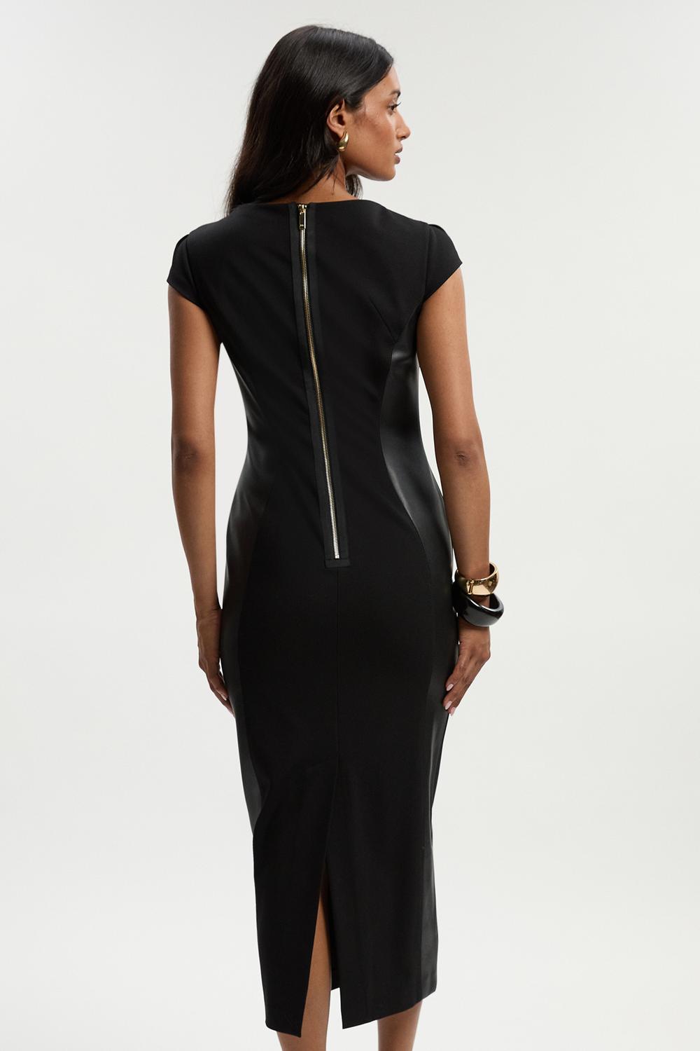 Karen Millen Ponte And Pu Mix Short Sleeve Tailored Pencil Midi Dress | Black