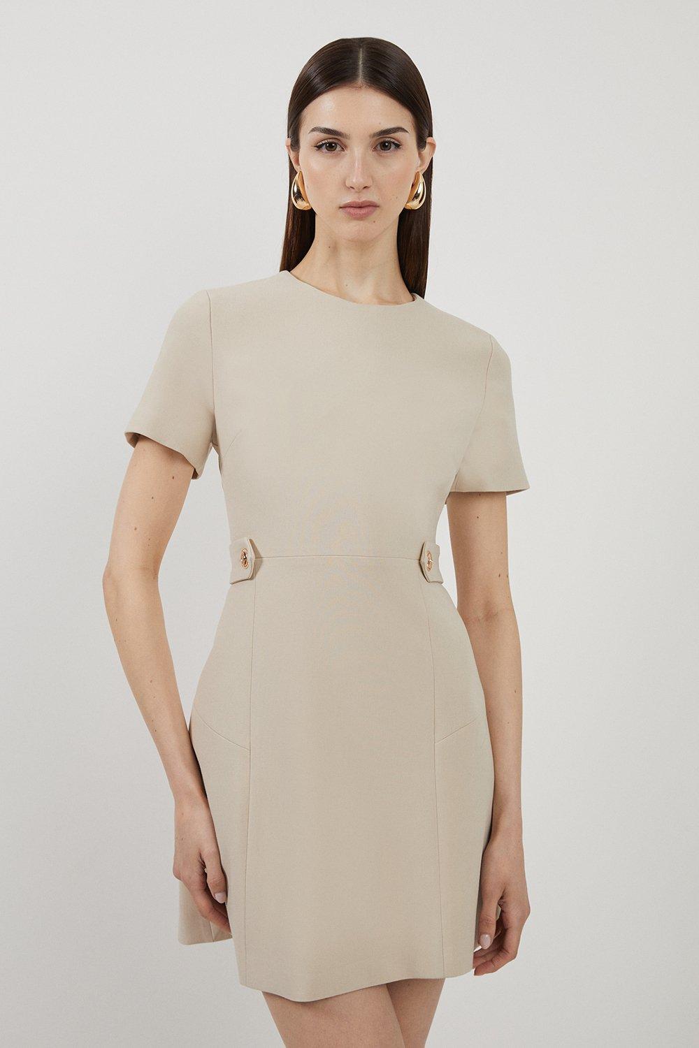 Karen Millen Compact Stretch Essential Waist Tab Detail Tailored Mini Dress | Beige