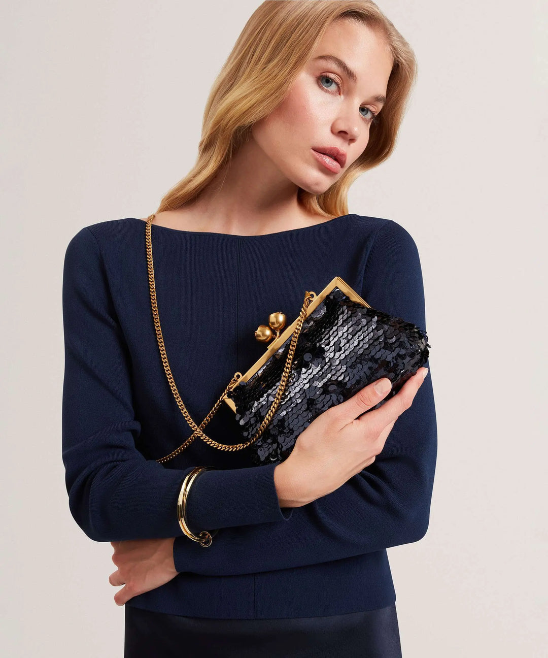 Ted Baker Sequinz Rose Detail Sequin Clutch Bag | Navy