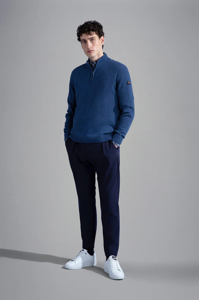 Paul & Shark Re-Wool Half Zip Shetland Sweater with Badge | Blue