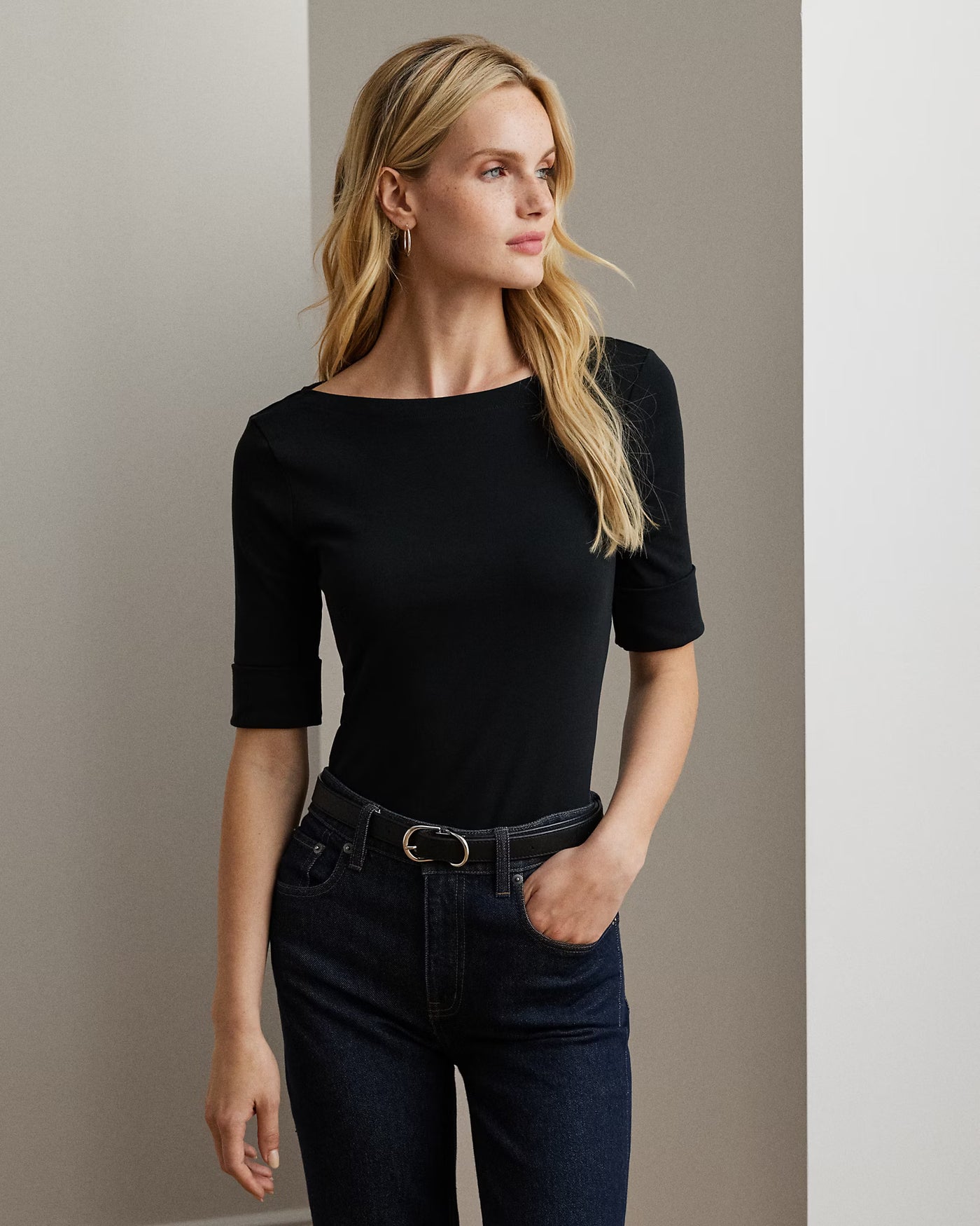 Lauren Ralph Lauren Stretch Cotton Boatneck Tee | Black