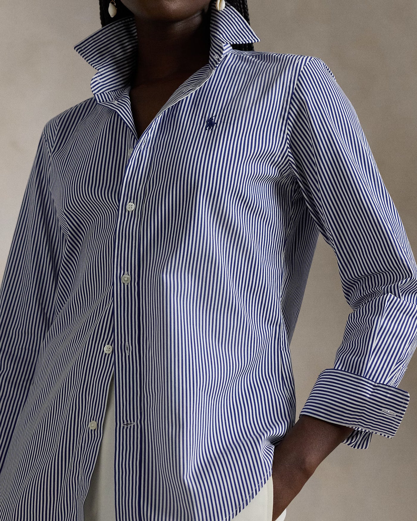 Ralph Lauren Slim Fit Striped Cotton Shirt | White/Royal