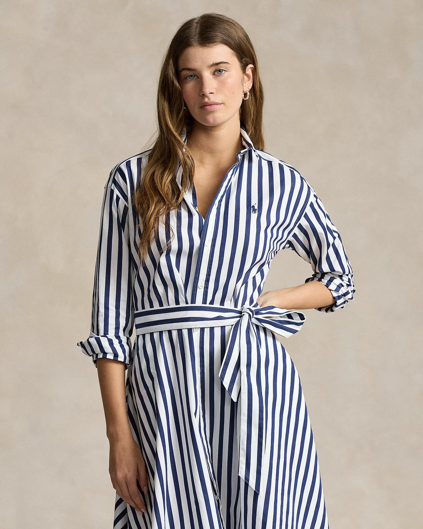 Ralph Lauren Belted Striped Cotton Shirtdress | Navy/White