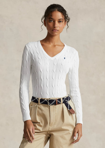 Ralph Lauren Cable-Knit Cotton V-Neck Jumper | White