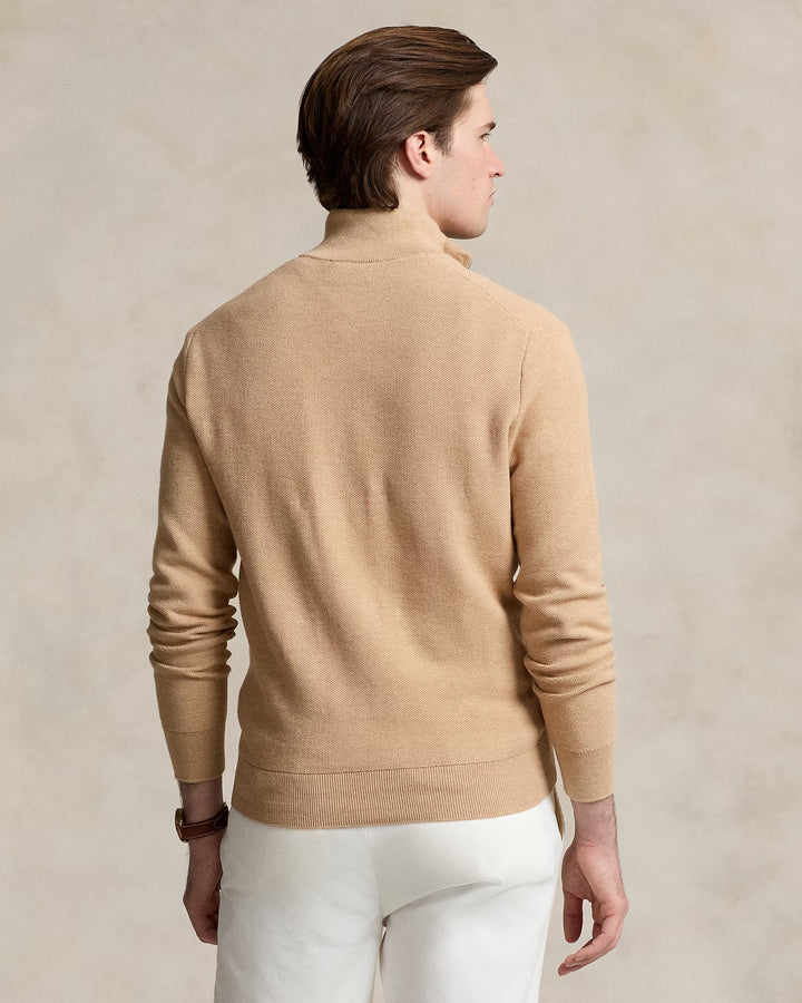 Ralph Lauren Mesh-Knit Cotton Quarter-Zip Jumper | Camel