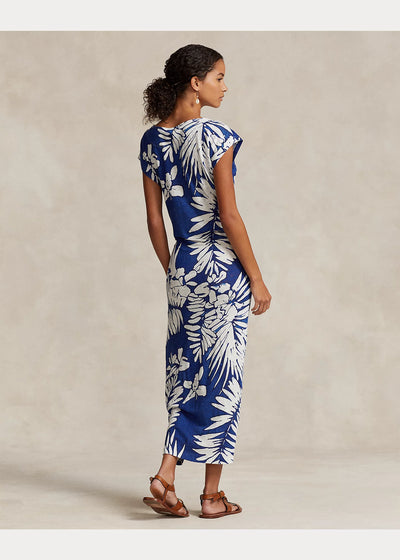 Ralph Lauren Floral Linen Faux-Wrap Dress | Blue Floral