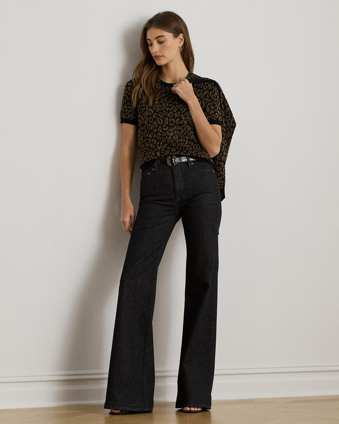 Lauren Ralph Lauren Metallic Ocelot Short-Sleeve Jumper | Black/Gold