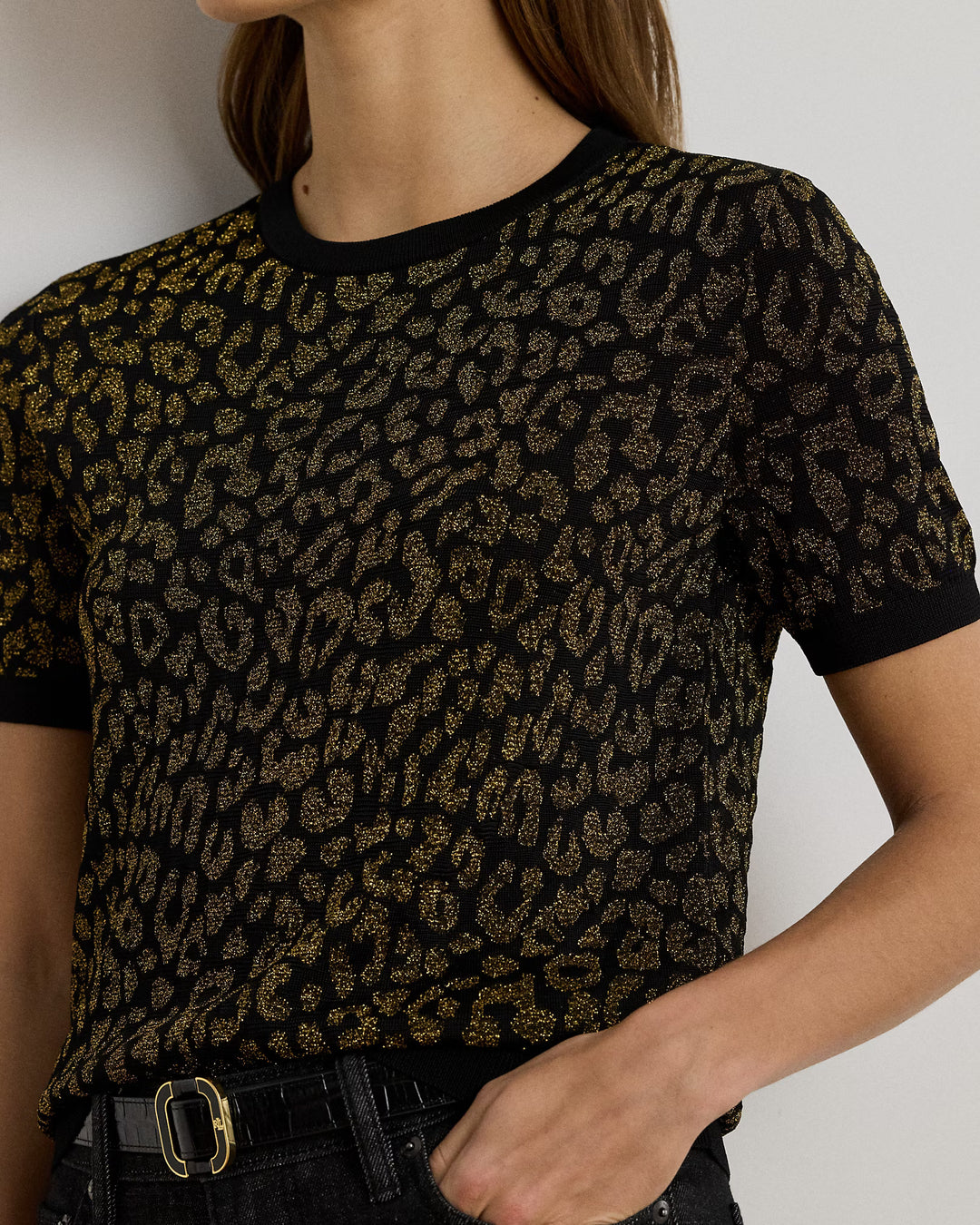 Lauren Ralph Lauren Metallic Ocelot Short-Sleeve Jumper | Black/Gold