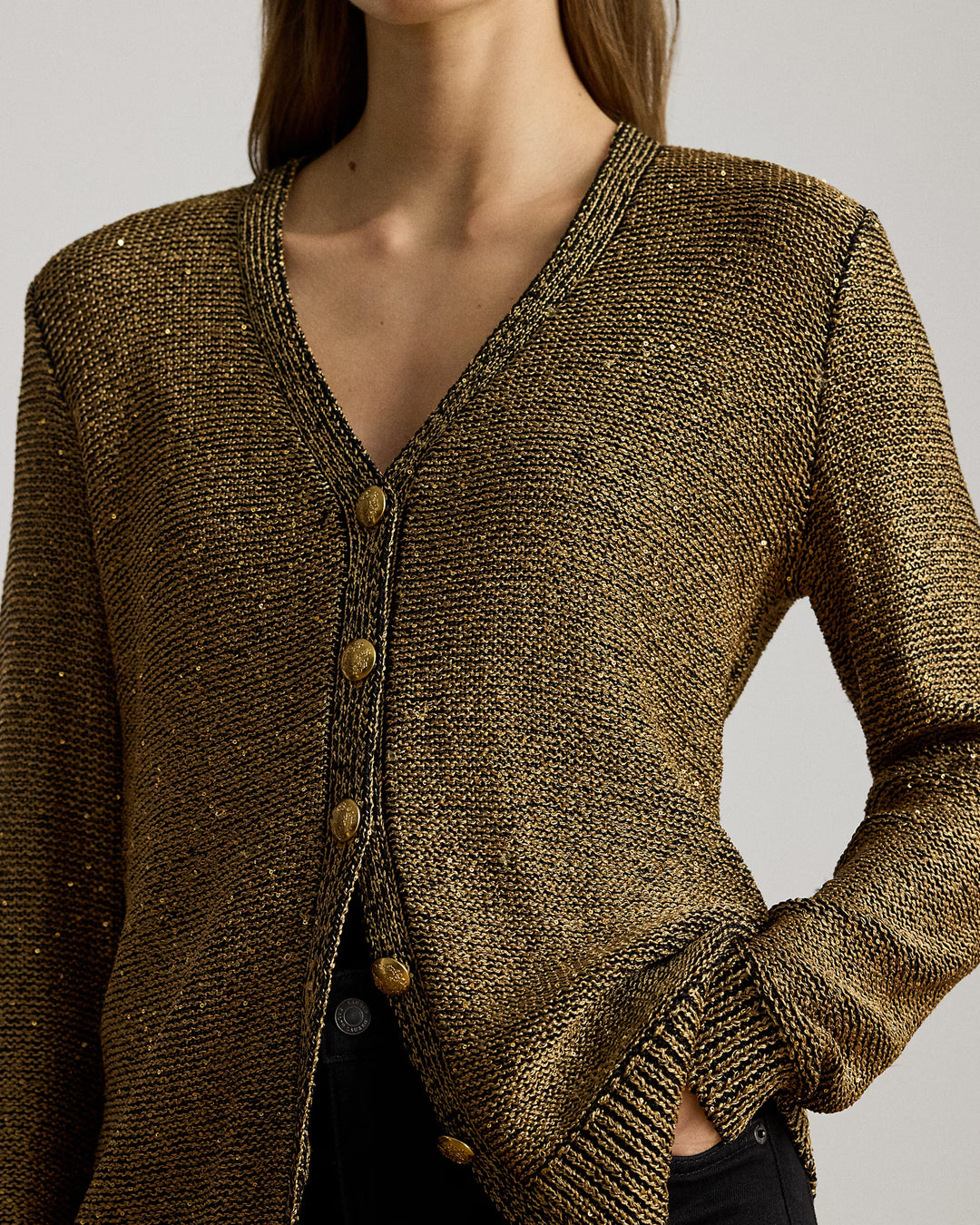 Lauren Ralph Lauren Sequined Linen-Blend Cardigan | Black/Gold