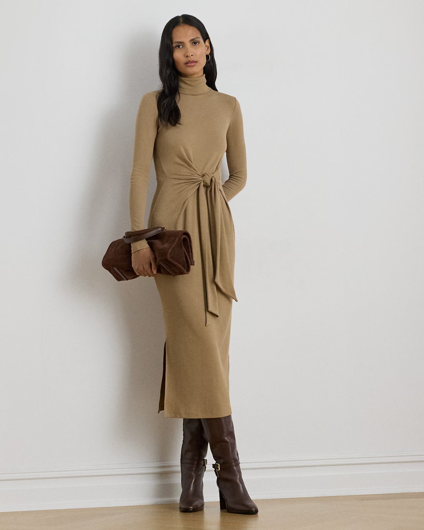 Lauren Ralph Lauren Tie-Front Roll Neck Dress | Camel