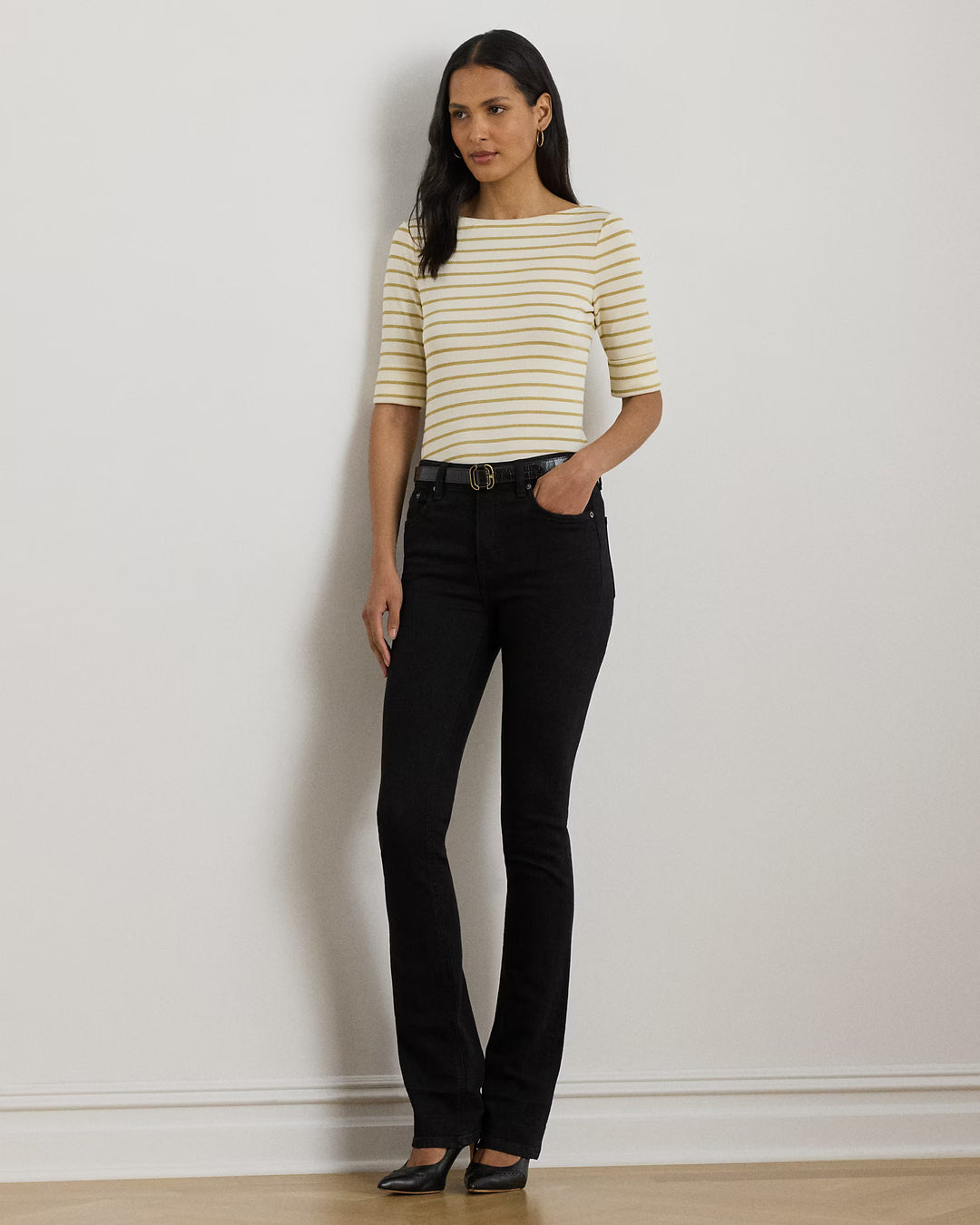Lauren Ralph Lauren Metallic Striped Boatneck Tee | Cream/Gold