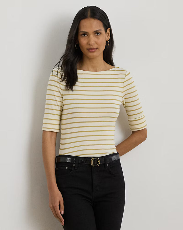 Lauren Ralph Lauren Metallic Striped Boatneck Tee | Cream/Gold