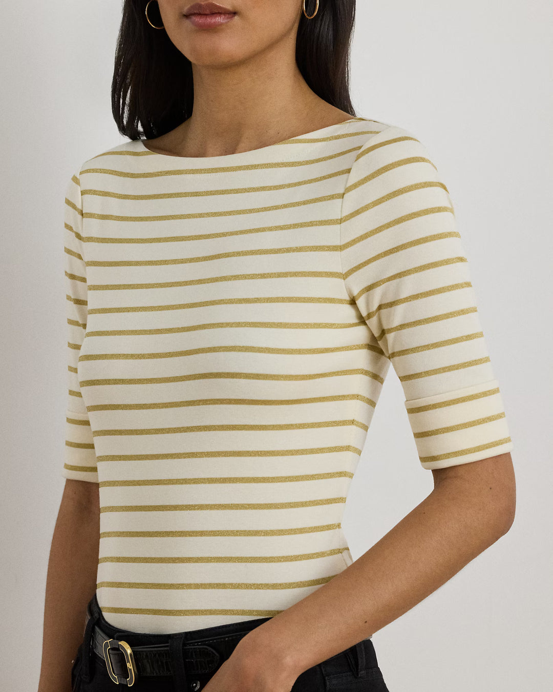 Lauren Ralph Lauren Metallic Striped Boatneck Tee | Cream/Gold