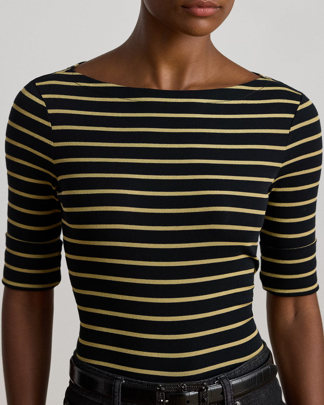 Lauren Ralph Lauren Metallic Striped Boatneck Tee | Black/Gold