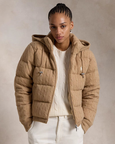 Ralph Lauren Cable-Knit Hooded Down Coat | Camel Melange