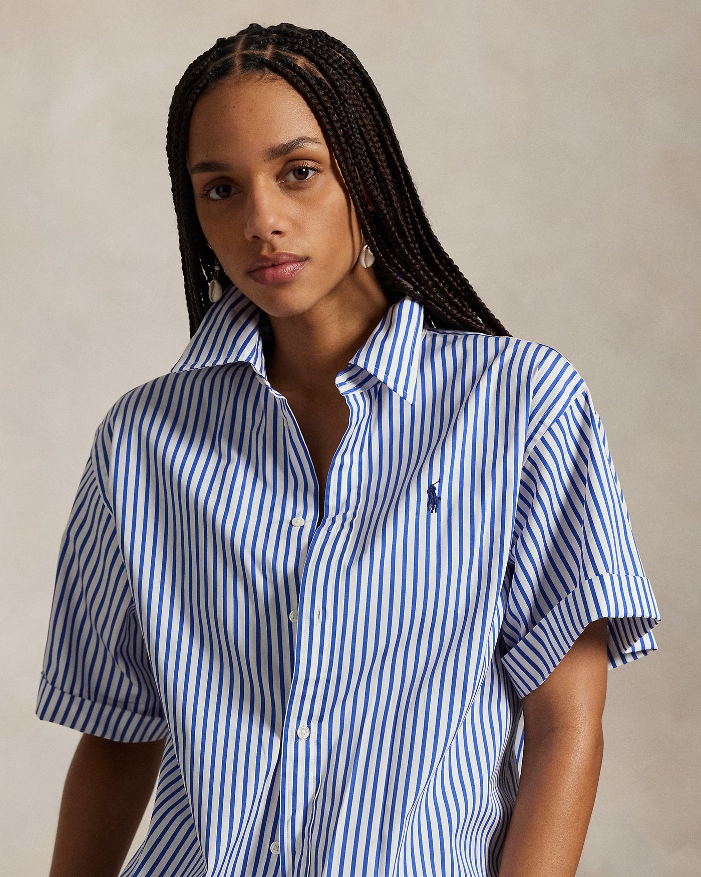 Ralph Lauren Oversize Fit Striped Short-Sleeve Shirt | White/Royal