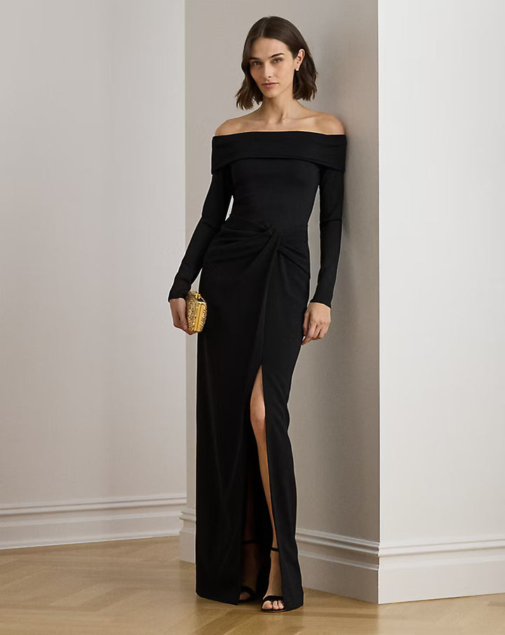 Lauren Ralph Lauren Rib-Knit & Crepe Off-the-Shoulder Gown | Black