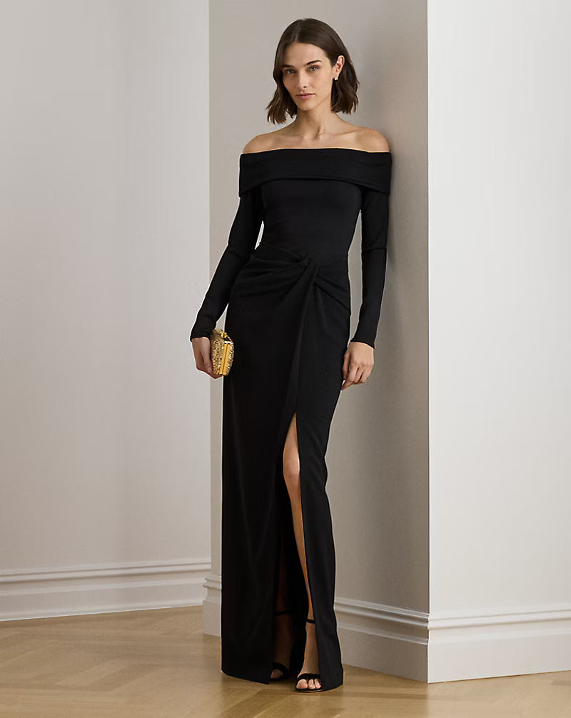 Lauren Ralph Lauren Rib-Knit & Crepe Off-the-Shoulder Gown | Black