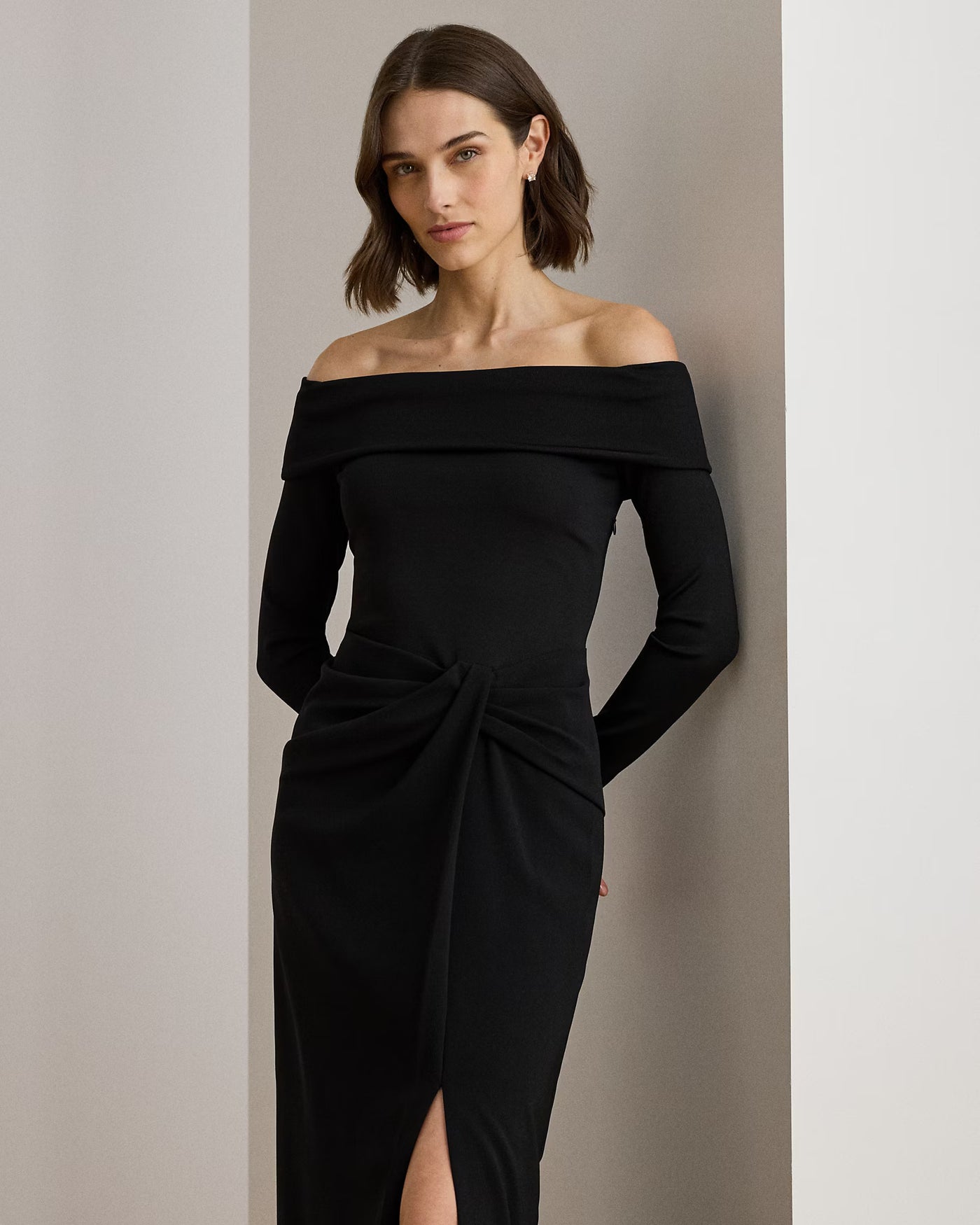 Lauren Ralph Lauren Rib-Knit & Crepe Off-the-Shoulder Gown | Black