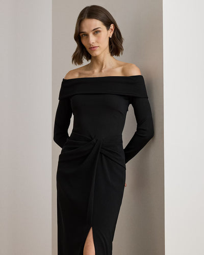 Lauren Ralph Lauren Rib-Knit & Crepe Off-the-Shoulder Gown | Black